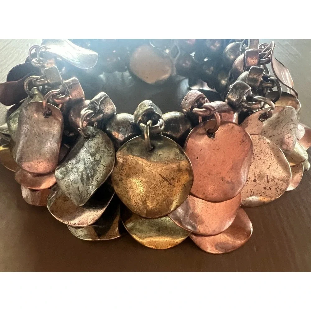 Mixed Metal Artisan Bracelet Copper Brass Silver Chunky Statement‎ Boho Organic